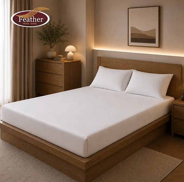 طقم شرشف سرير مطاطي أبيض | 200 خيط | قطن | Feather 